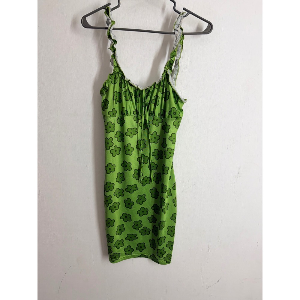 SHEIN Green Floral Mini Dress Y2K Ruffle Strap Tie Front Bodycon Retro Size M